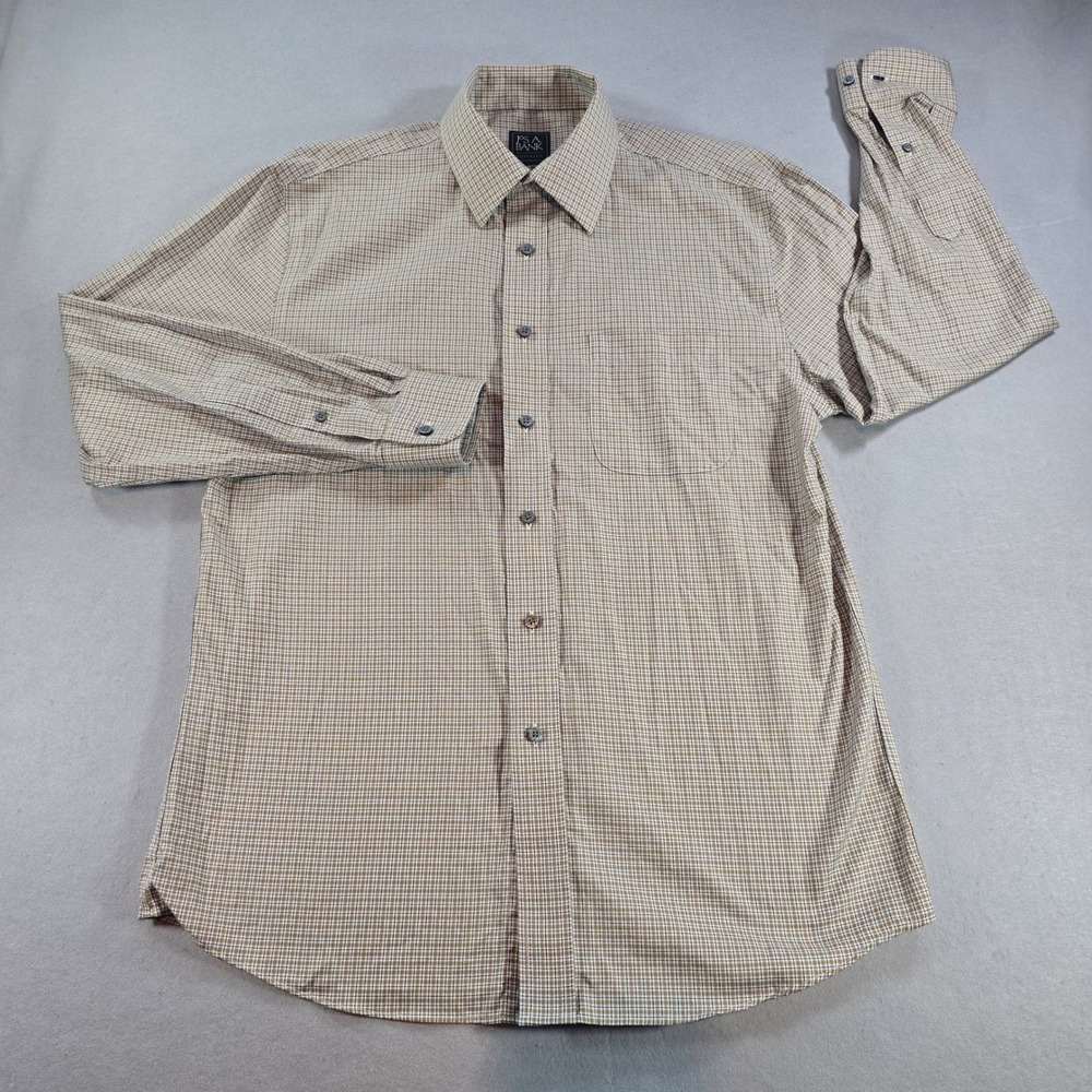 Jos. A. Bank Traveler Shirt Men Medium Tailored Fit Tan Check Cotton Long Sleeve